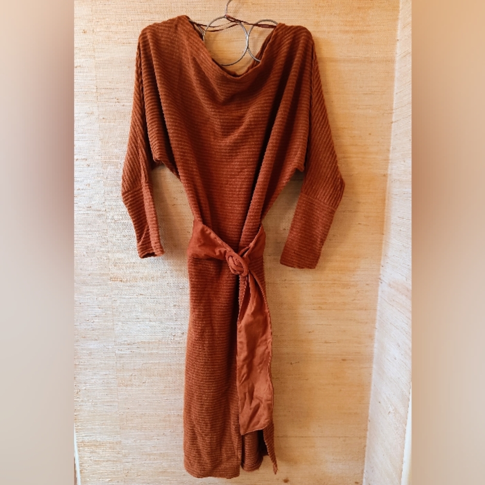 Fashion Nova Rust Brown Midi Dress with Tie Waist
